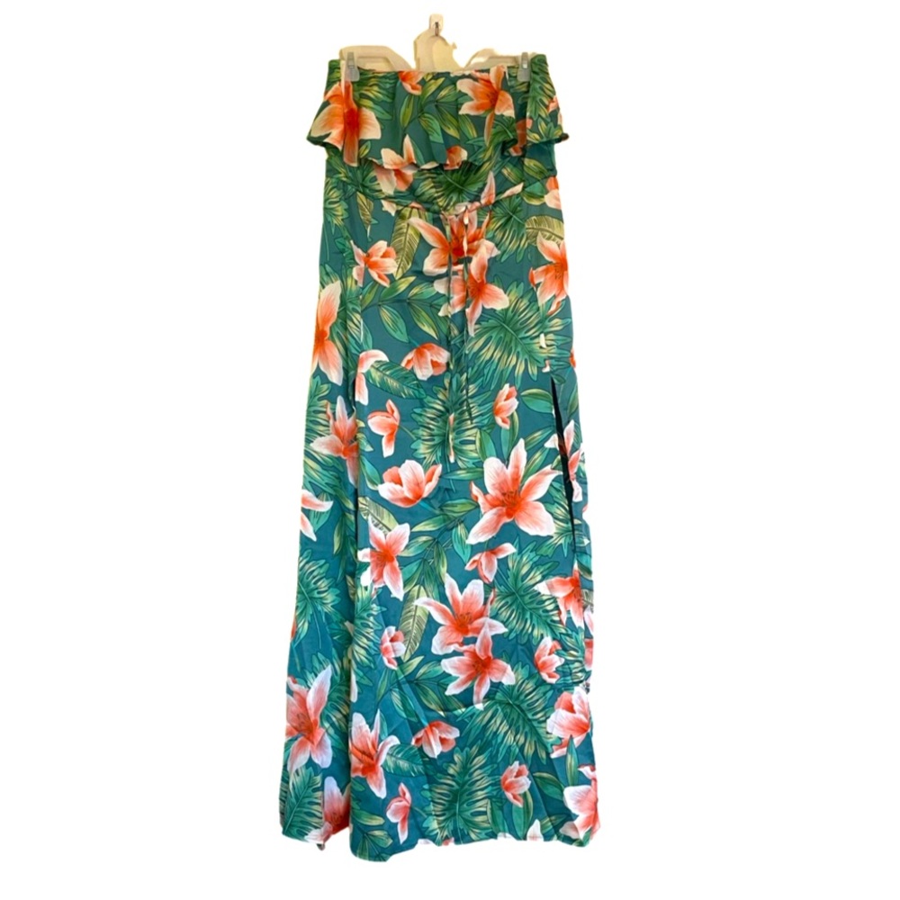 Women’s Small Strapless Floral Dress with Front Slits and Tie